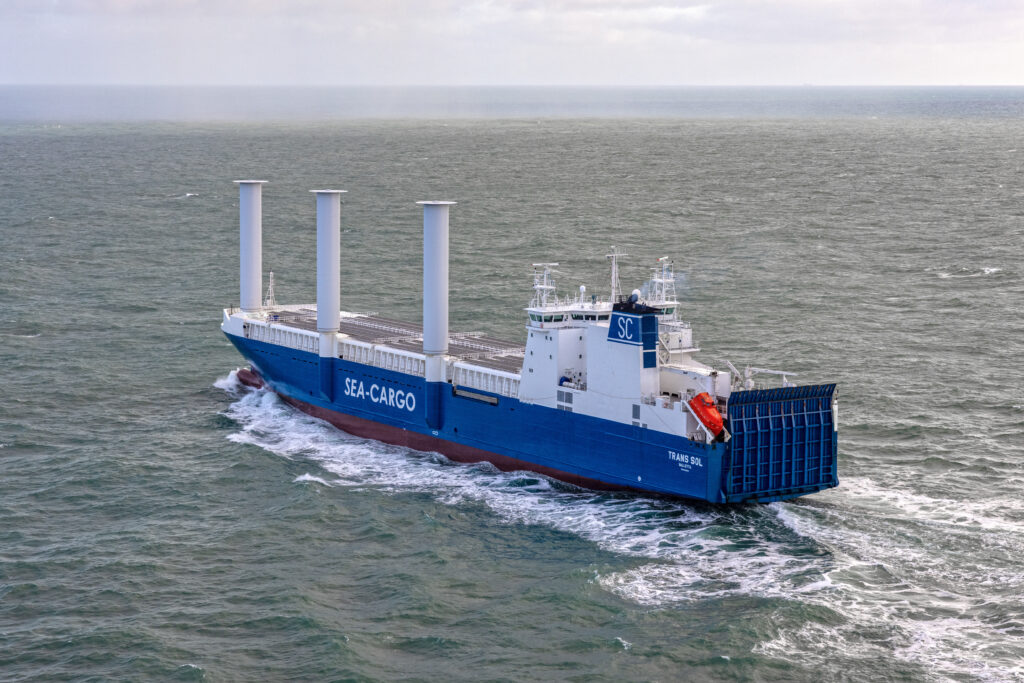 The cargo vessel / RoRo ship Trans Sol retrofitted with rotor sails and solar panels.
